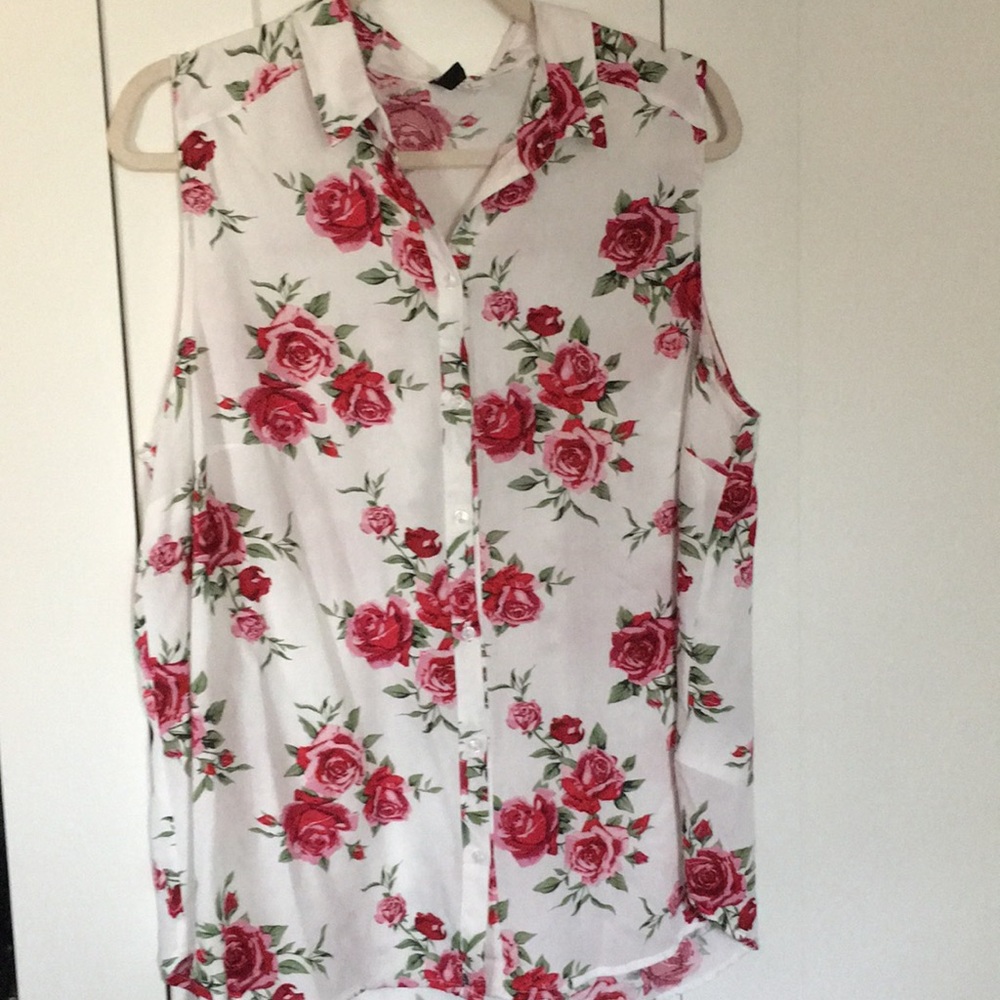 H&M white red rose print blouse
